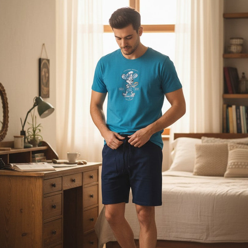Man wearing a teal cartoon chef mouse tee with navy shorts