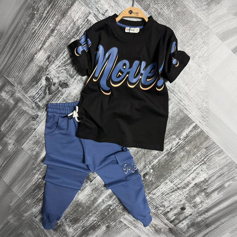 Black tee with a blue Move script print and blue cuffed cargo joggers laid flat