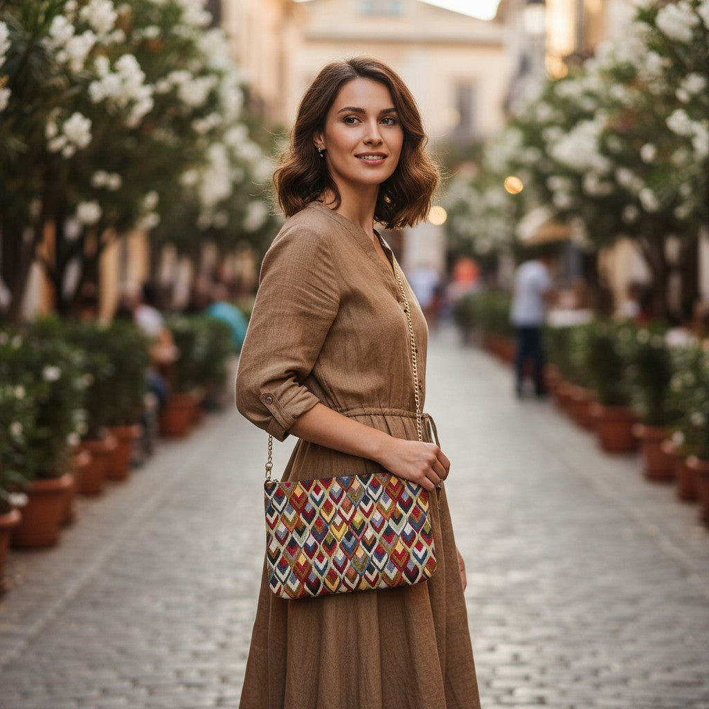 Multicolor tapestry crossbody bag worn on a cobbled street