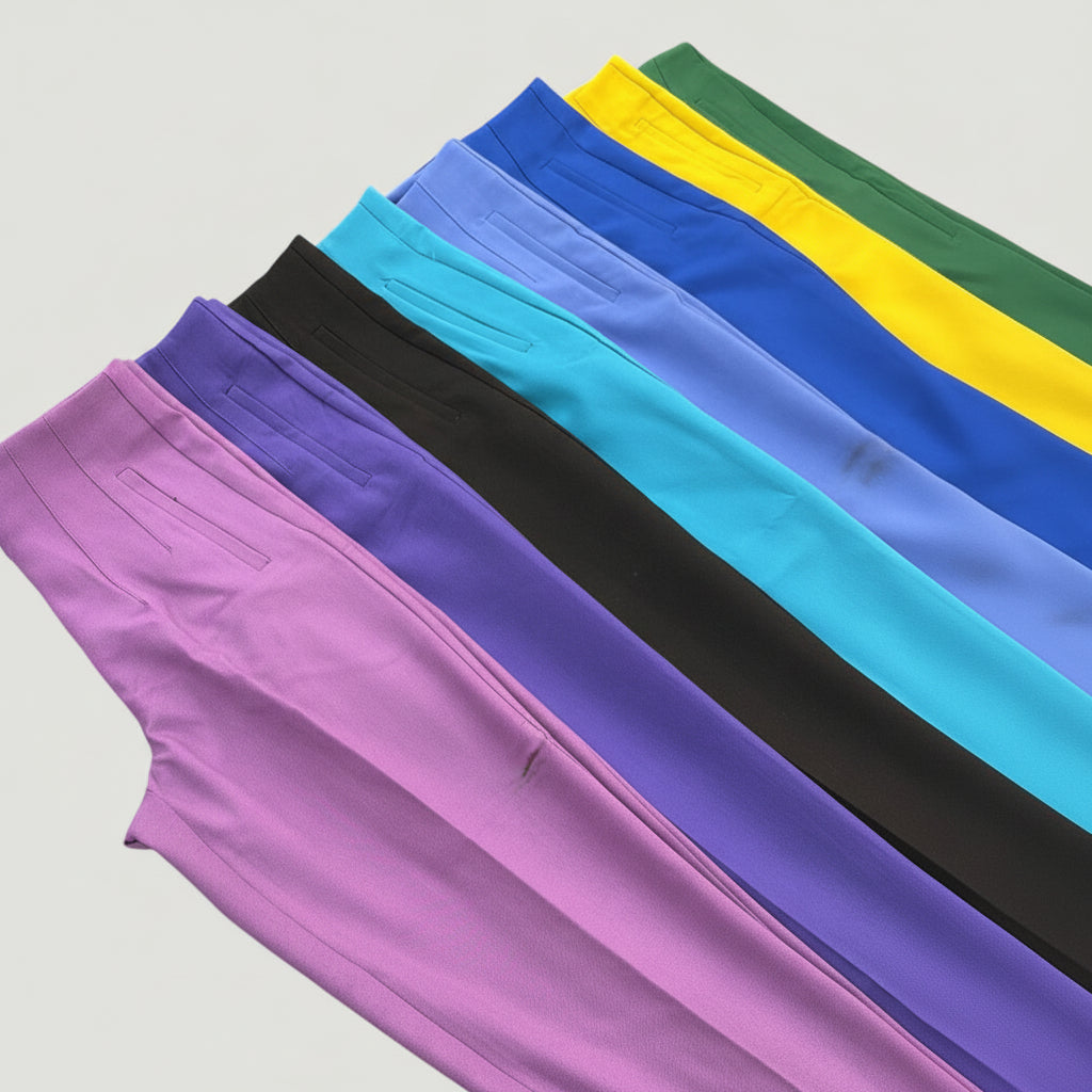 Colorful trousers displayed on a light grey background