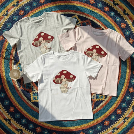 Women's mushroom girl print t-shirts in pink, grey and white – Jack Gifts Online Lebanon