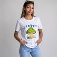 White tee with a large mushroom illustration, worn with blue jeans