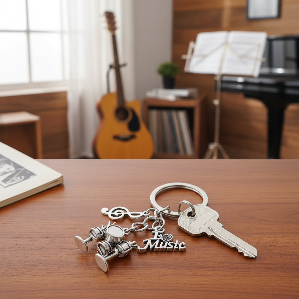 Drum kit keychain with treble clef and I Heart Music charms in a music room