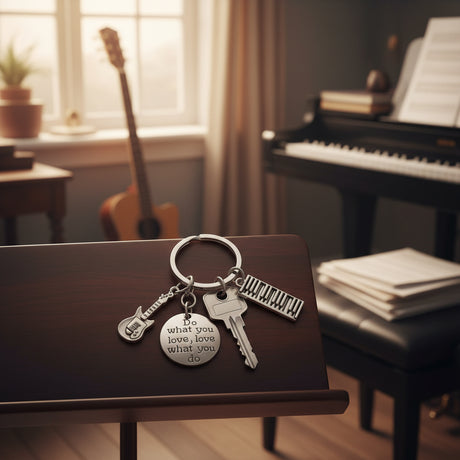 Guitar and keyboard keychain with a Do What You Love disc on a music stand
