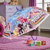 Blue My Little Pony kids umbrella with Rainbow Power ponies and a purple handle