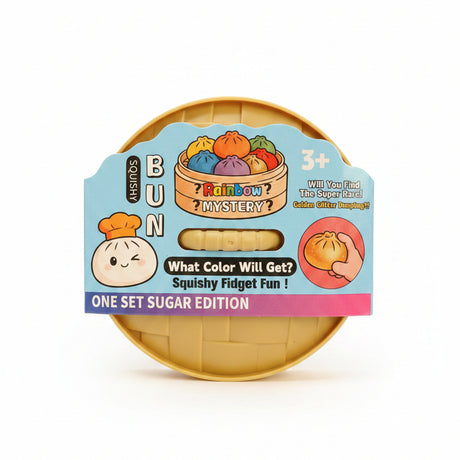Rainbow mystery bun squishy blind box shaped like a bamboo steamer with cartoon dumplings on the label