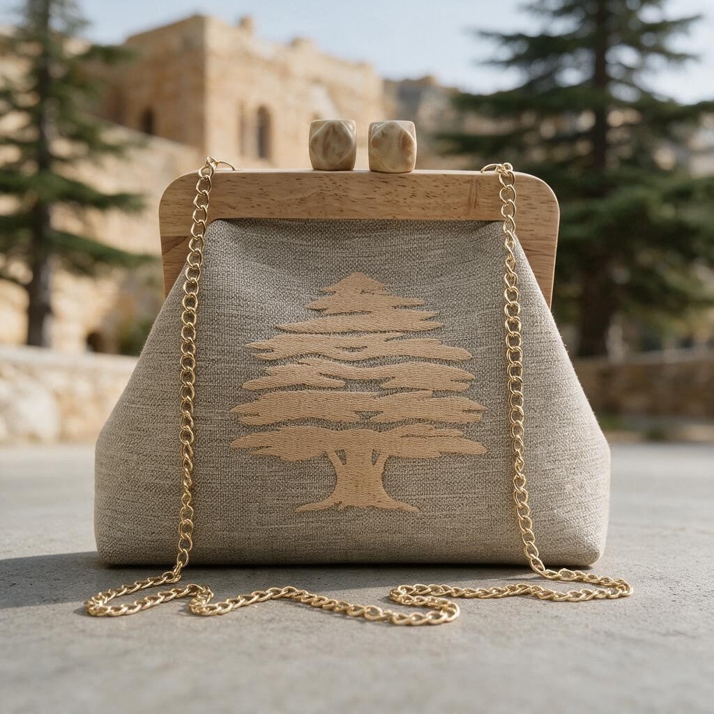 Natural linen clutch with a cedar tree, wooden frame and gold chain in front of an old castle and cedar trees