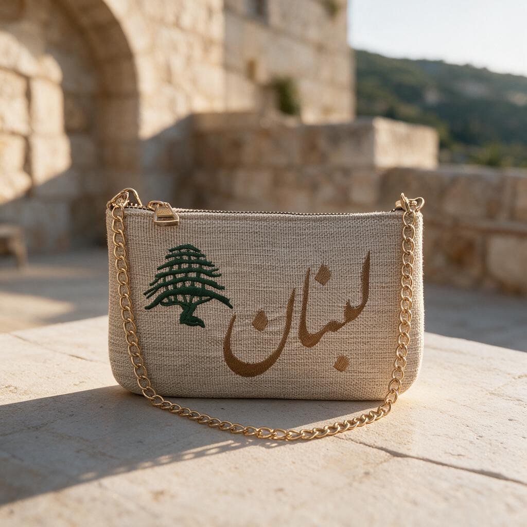Light linen pouch with Lebanon stitched in bronze Arabic beside a green cedar, on a stone terrace near an old arch