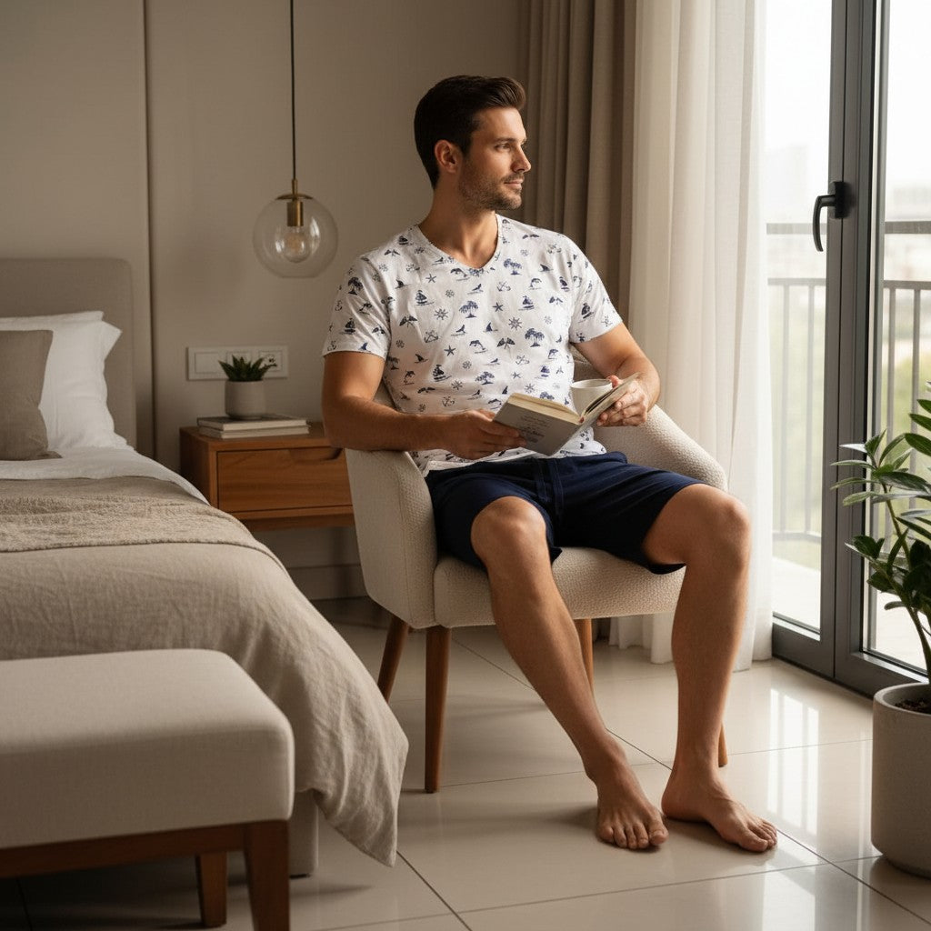 Nautical print pyjama set worn in an armchair by a balcony window
