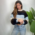 Navy and brown colour block striped knit sweater with light blue and cream stripes, cropped fit