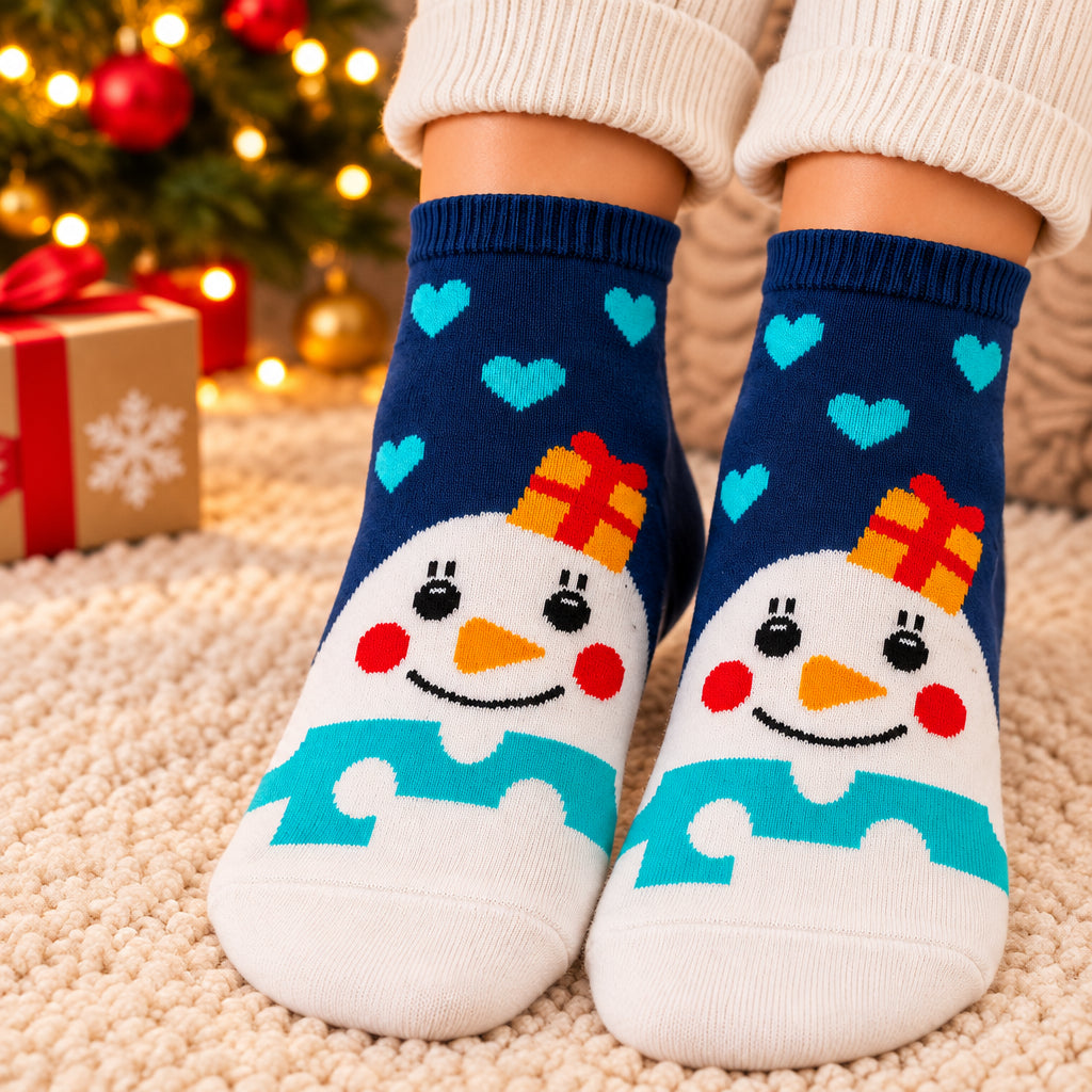 Navy and white Christmas socks with blue hearts and a snowman wearing a gift box hat and blue scarf