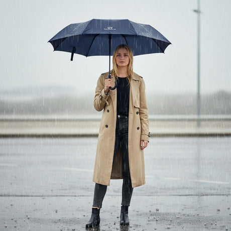 Woman holding a navy blue umbrella in the rain wearing a beige trench coat