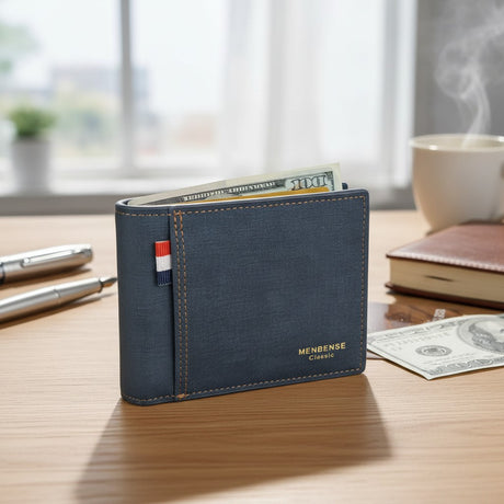 Navy canvas bifold men's wallet with contrast stitching and flag tab, Jack Gifts Online Lebanon