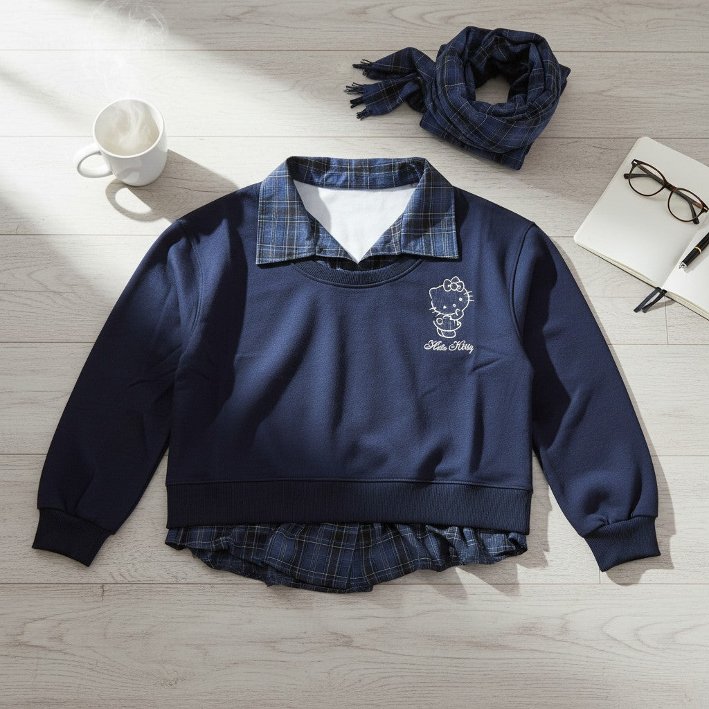 Navy sweatshirt with a check collar and shirt hem beside a matching scarf