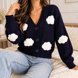 Navy V neck knit cardigan with fluffy white cloud patches and button front, worn with jeans