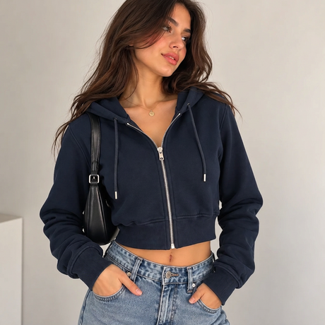 Woman in a navy cropped zip hoodie with a silver zip and a black shoulder bag