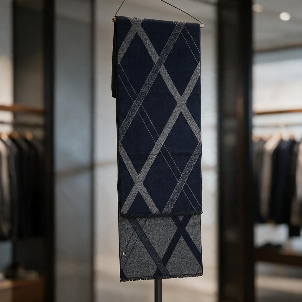 Navy scarf with a grey diamond lattice folded over a hanger, showing its grey reverse side
