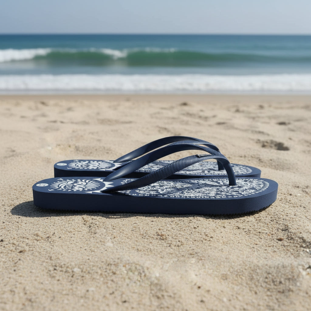 Navy blue flip-flops with white patterns on a sandy beach with ocean waves in the background