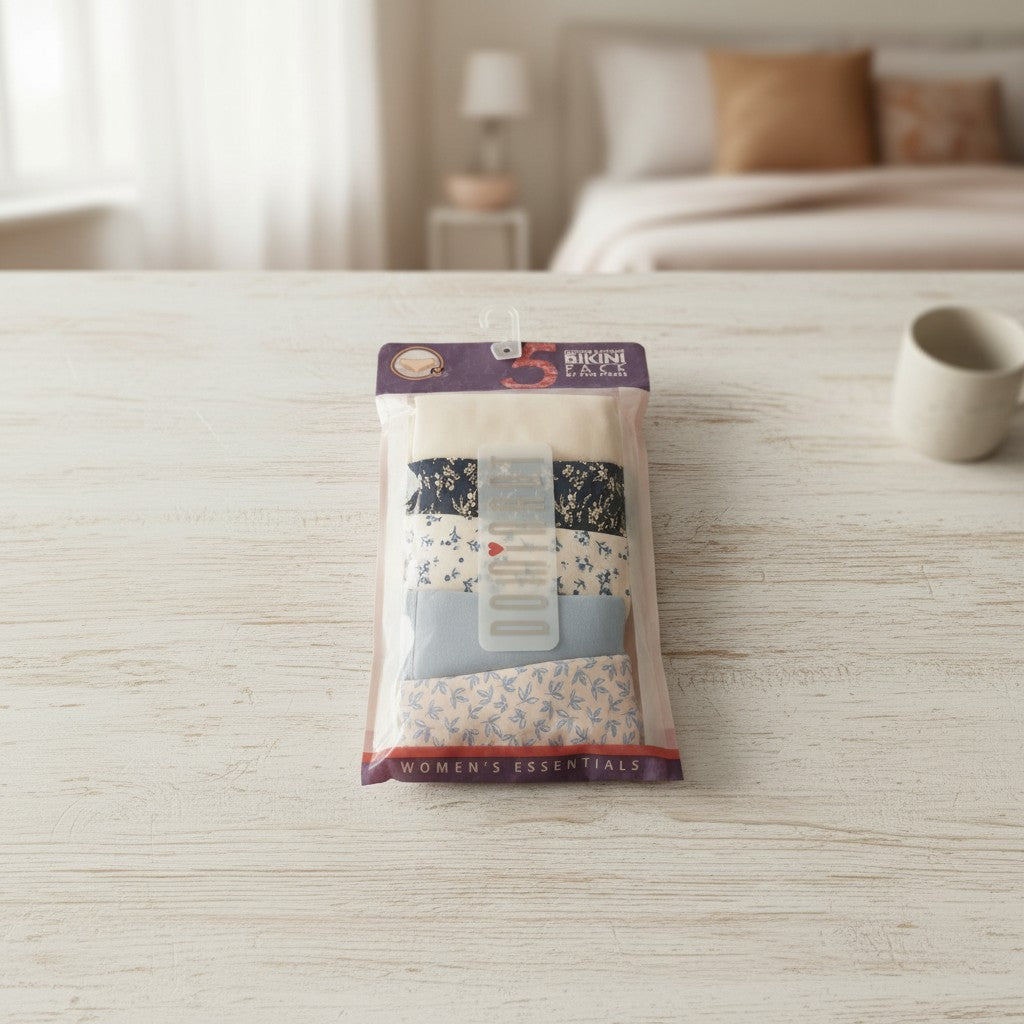Five pack of navy and cream floral cotton briefs with resealable pack