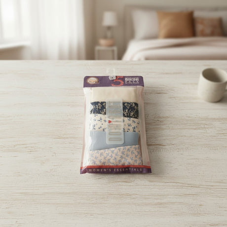 Five pack of navy and cream floral cotton briefs with resealable pack