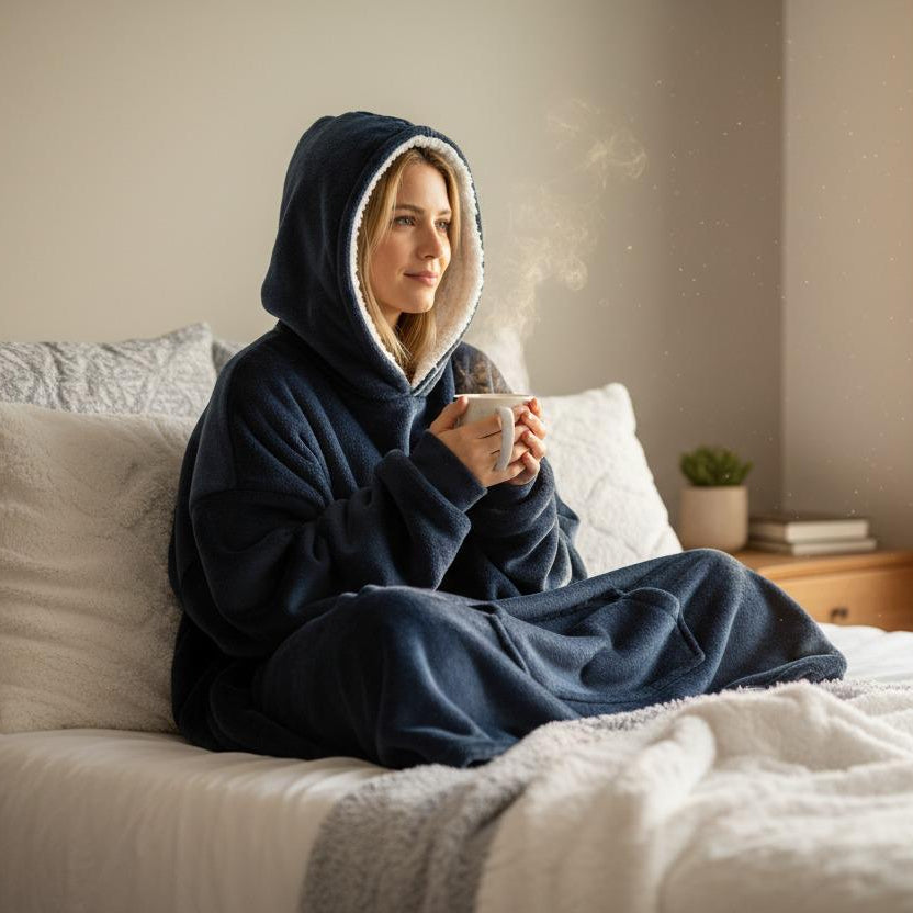Woman in a dark blue hooded robe holding a steaming mug on a bed.