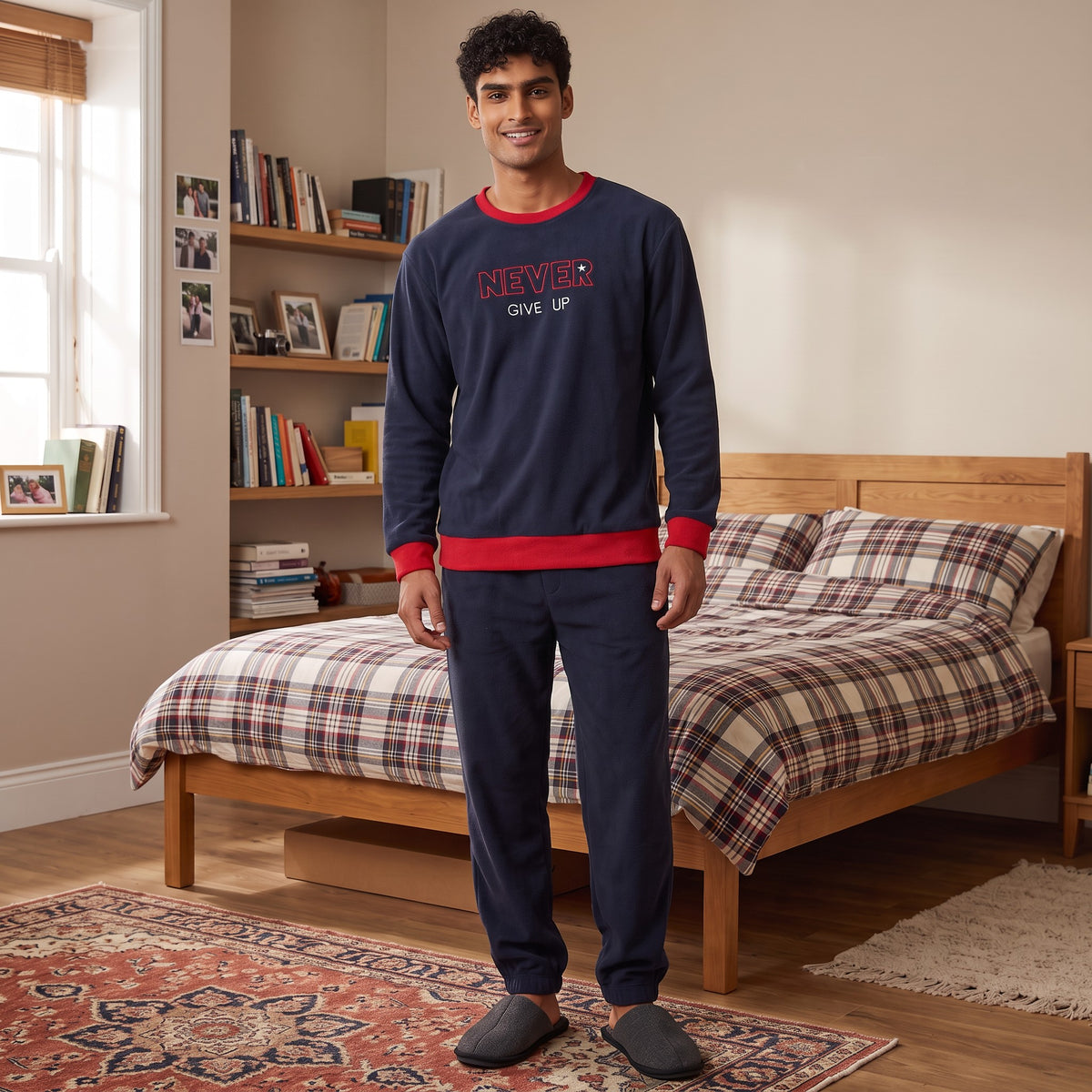 Men's navy fleece pyjama set with red ribbed trim and a Never Give Up chest slogan