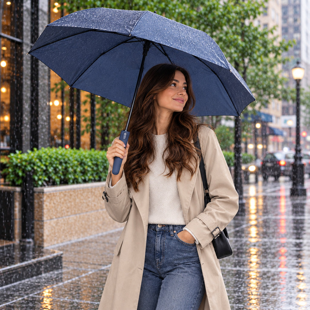Woman in a beige trench coat under a navy umbrella with a straight button handle in the rain