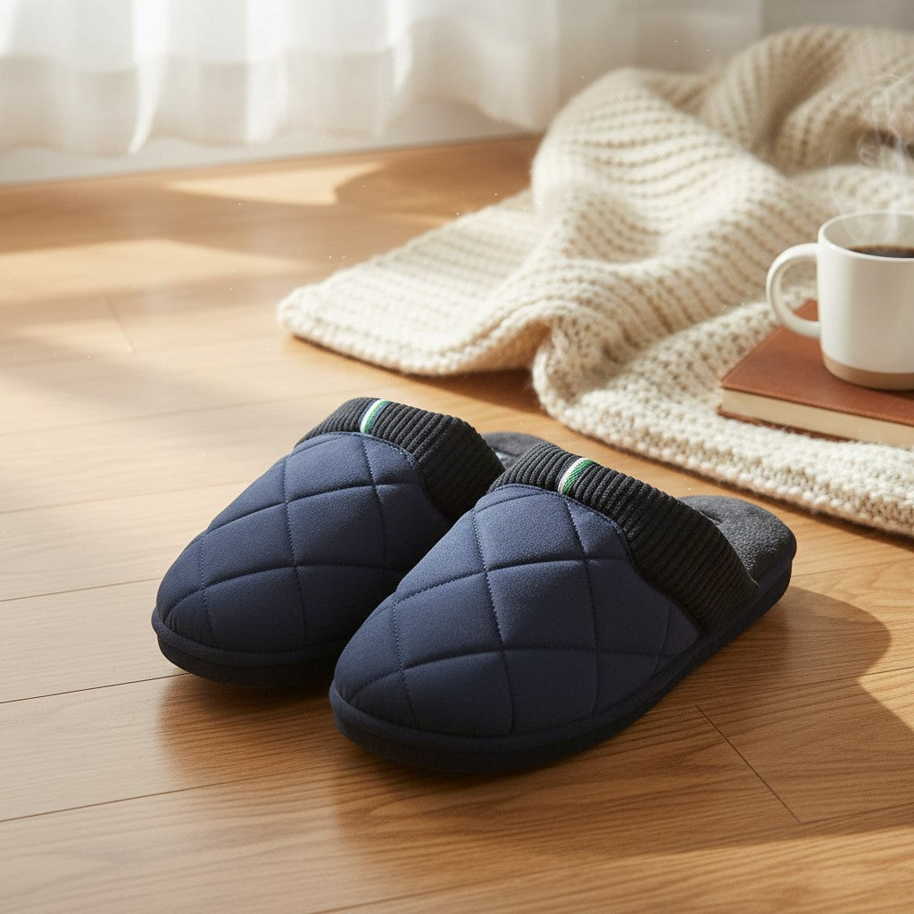 Pair of navy quilted slippers on a wood floor beside a knitted throw and mug