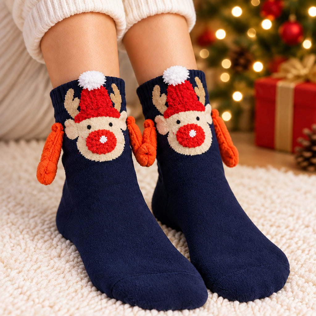 Navy Christmas socks with a fuzzy reindeer face in a Santa hat and orange plush arms
