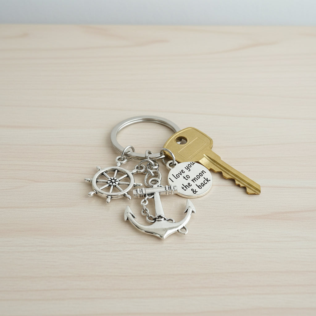 Navy keychain with anchor, ship wheel, and a to the moon and back disc charm