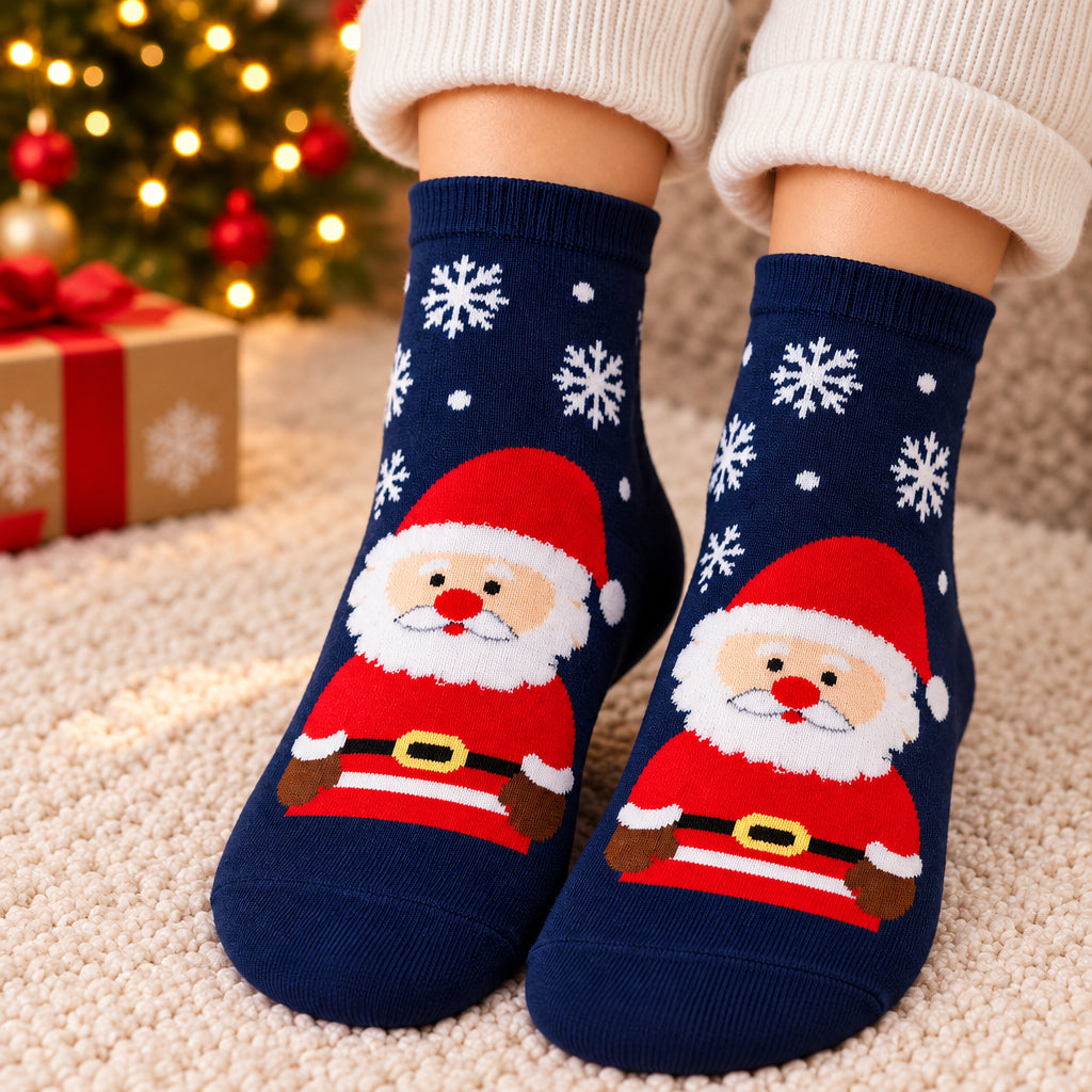 Navy Christmas socks with white snowflakes and a smiling Santa in a red suit, worn on a cosy rug