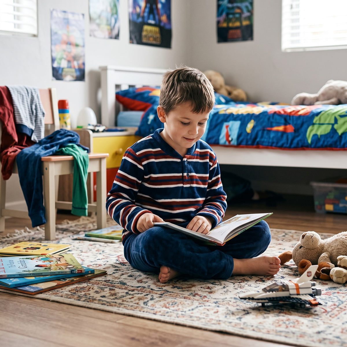 Boy sitting on a rug in a navy, red and white striped fleece pyjama set with navy bottoms