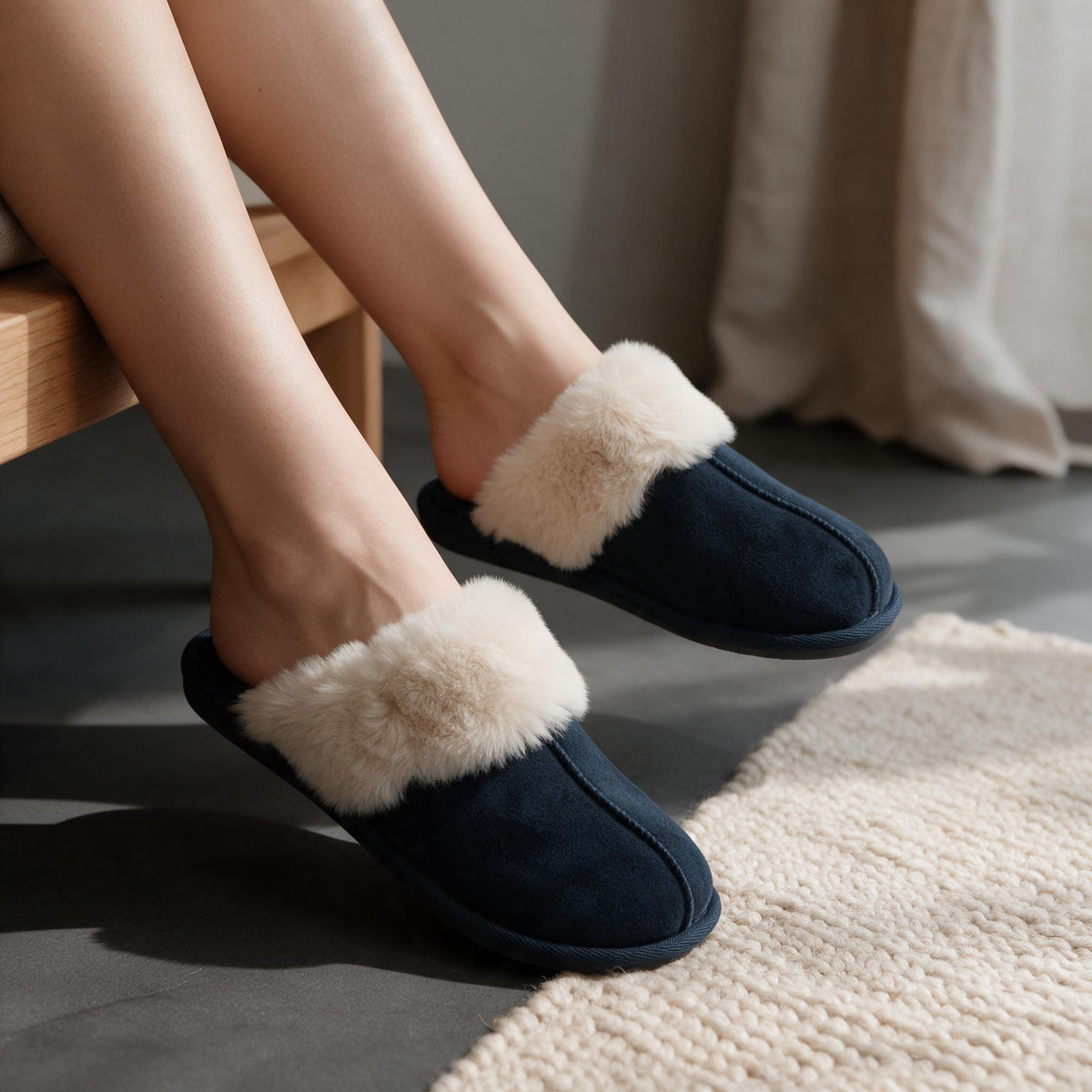 Woman sitting on a bench wearing navy suede look slippers with cream fur collars