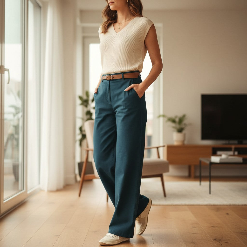 Woman in a living room wearing a white top and navy pants