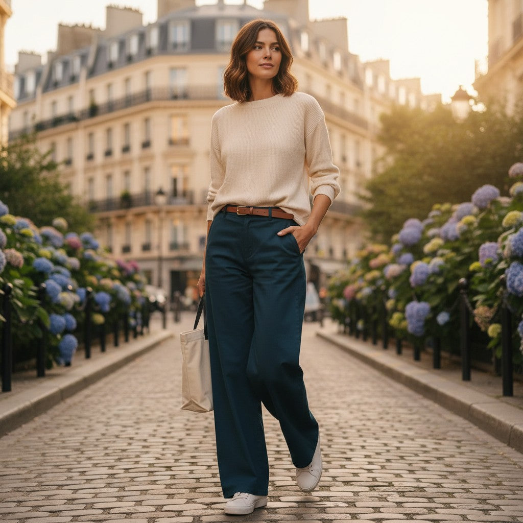 Woman wearing a beige sweater and navy pants walking on a street with flowers