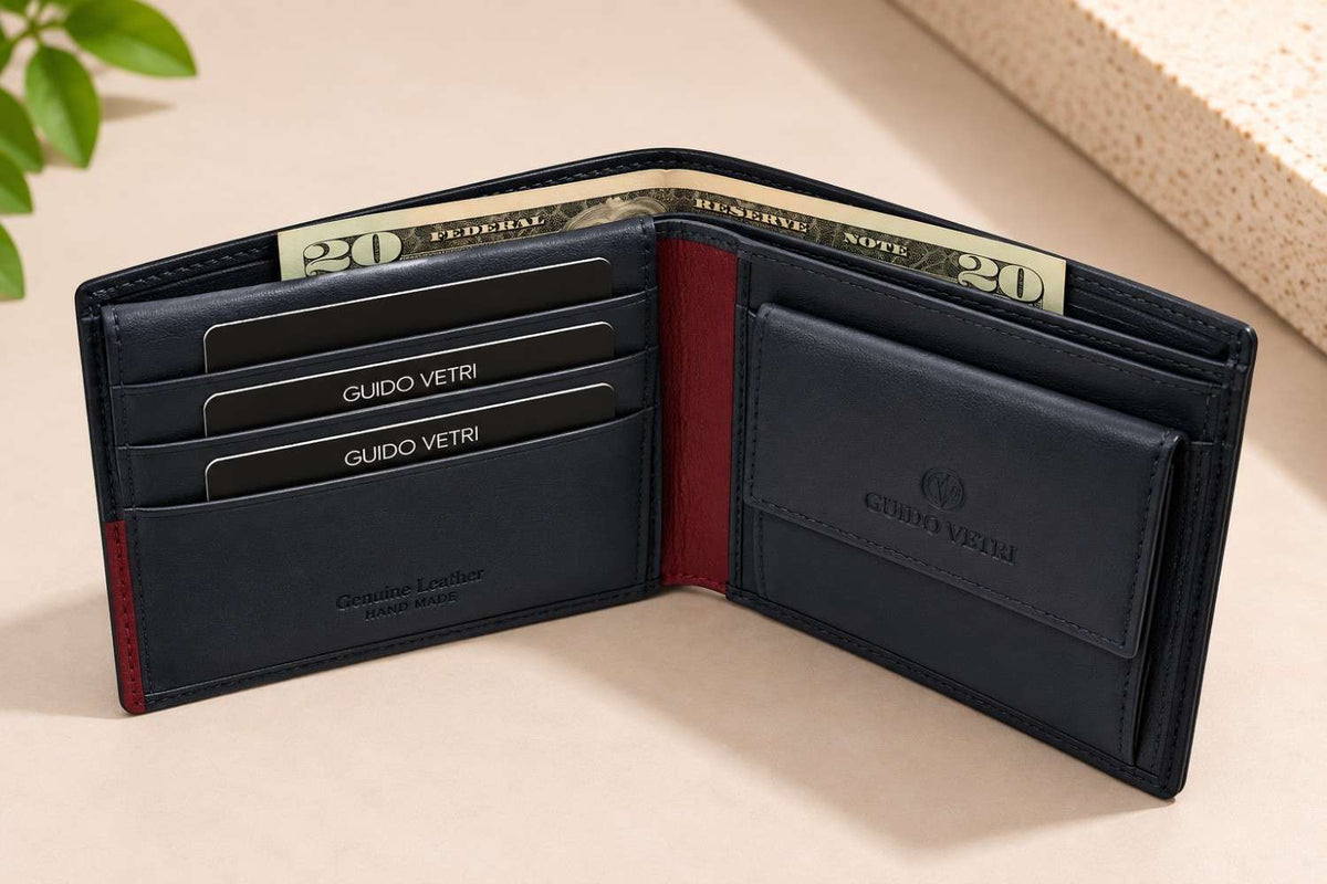Open navy bifold with red lining at the fold, three card slots and folded dollar notes