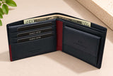 Open navy bifold with red lining at the fold, three card slots and folded dollar notes