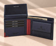 Navy blue wallet with the ID flap lifted, a red spine and a navy coin purse