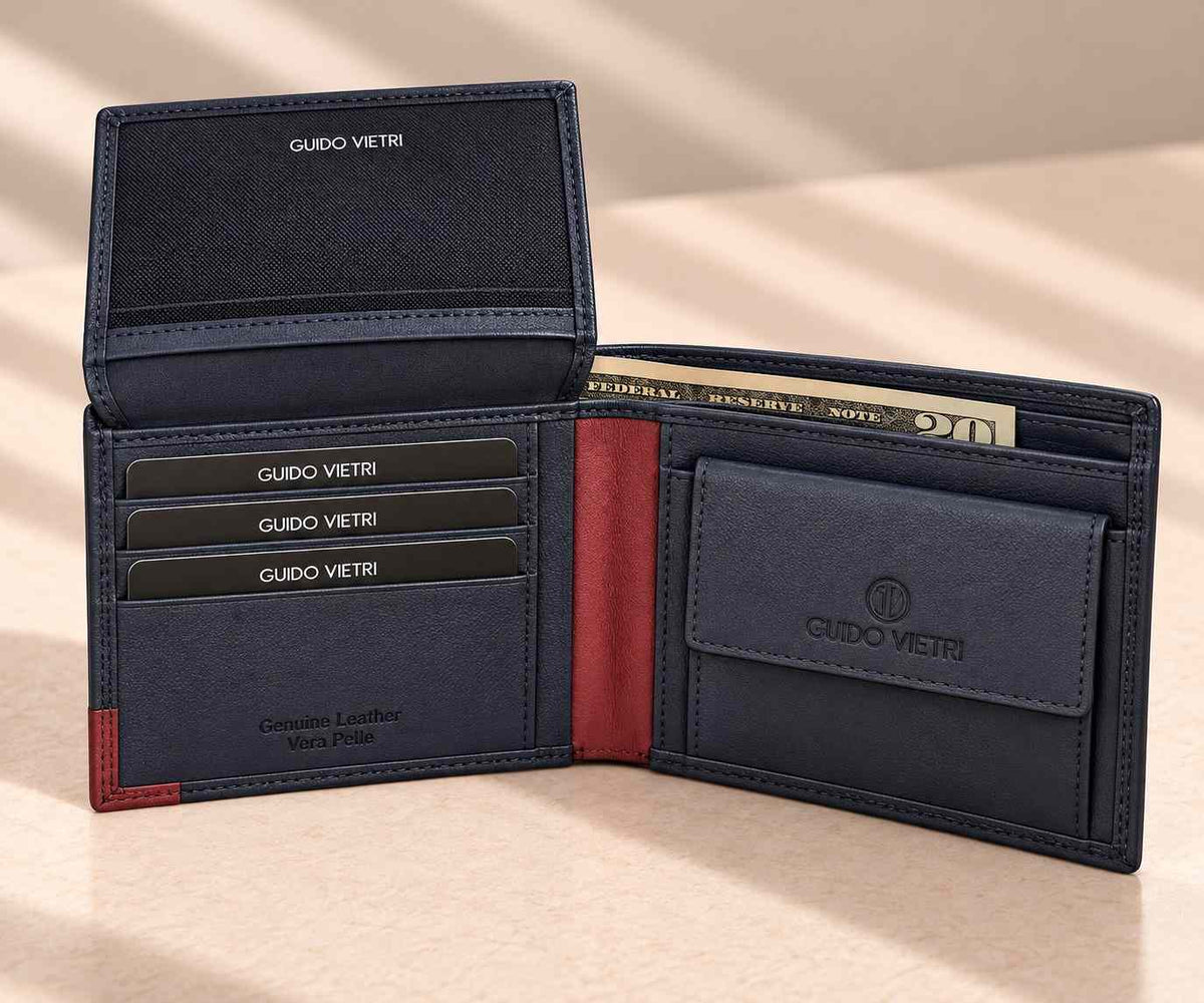 Navy blue wallet with the ID flap lifted, a red spine and a navy coin purse