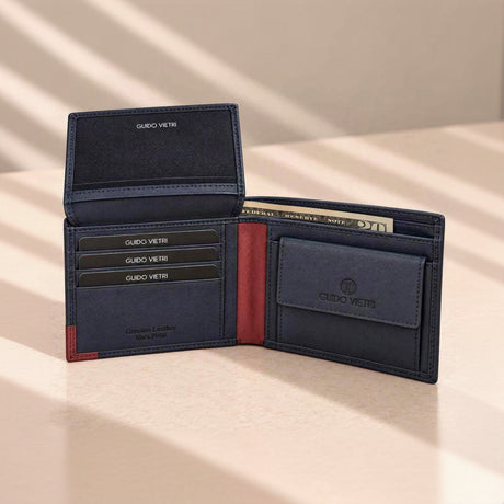 Navy blue wallet with the ID flap lifted, a red spine and a navy coin purse