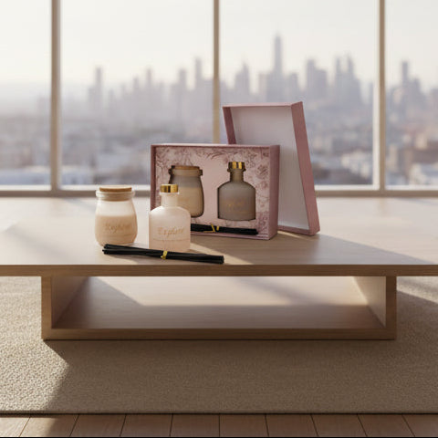 The greige set on a pale wood table with a hazy city skyline through the window