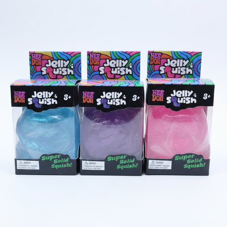 Three boxed jellyfish squishies in blue, purple and pink
