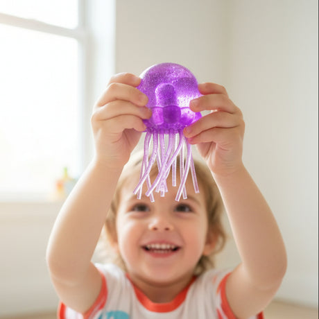 Child holding up a purple glitter jellyfish toy