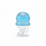 Blue glitter jellyfish squish toy with clear tentacles standing unboxed on a white background