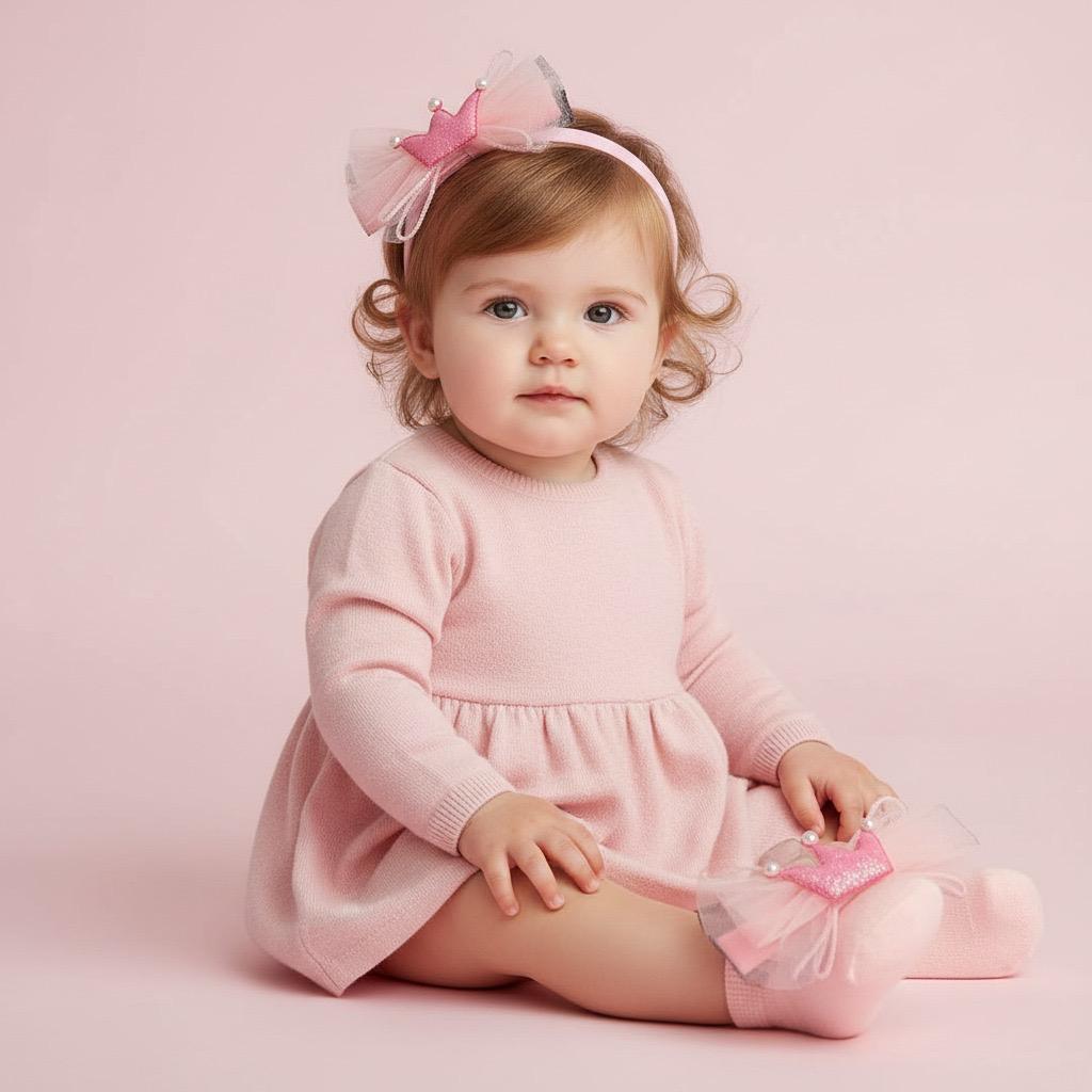 Seated baby in a pink knit dress with a tulle crown headband and soft pink socks with crown appliques