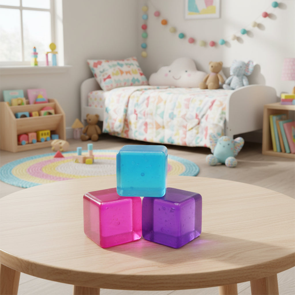 Blue, pink and purple jelly cubes stacked on a round wooden table in a kids room