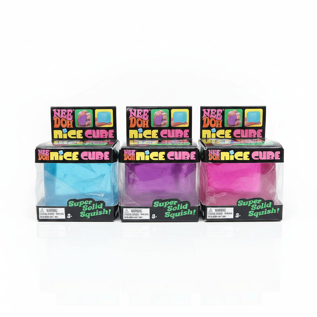 Three NeeDoh Nice Cube boxes side by side holding blue, purple and pink squish cubes