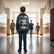 Boy with a black Stitch backpack walking down a school hallway