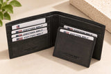 Open black wallet set with a matching card sleeve placed in front of it