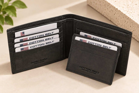Open black wallet set with a matching card sleeve placed in front of it